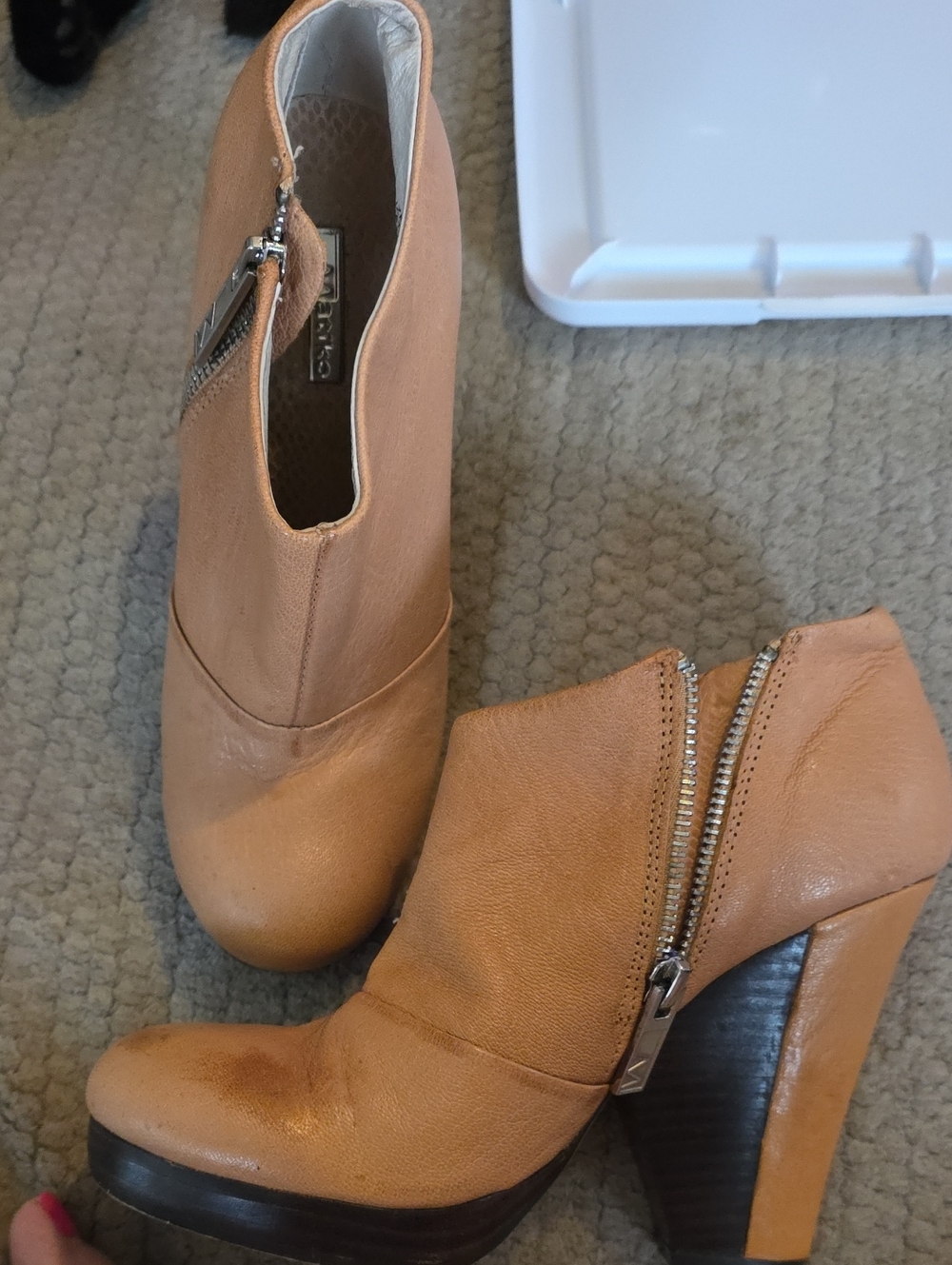 Matiko Tan Leather Zip-Front High Heel Booties